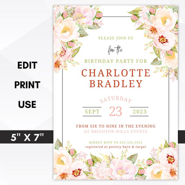 romantic peony birthday invitations